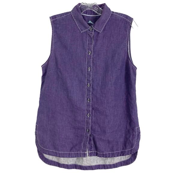 NWOT TOMMY BAHAMA Shirt Top Women S Linen Royal-Purple Curve-Hem Sleeveless Butn - Picture 2 of 9